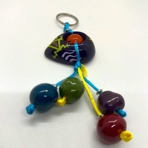 Artsy Keychain with agua pan beads Handpainted frog sun deep purple Ecuadorian